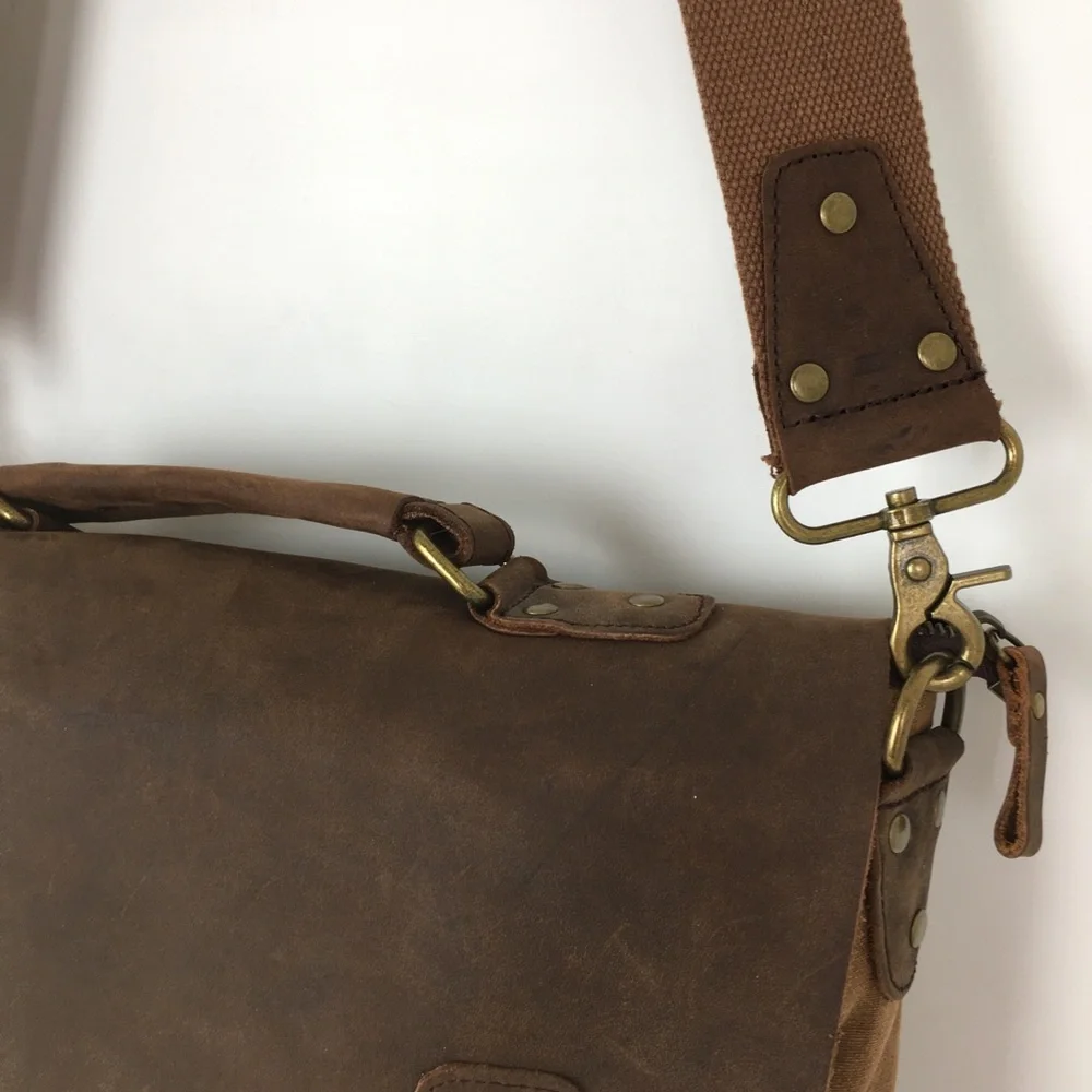 Genuine Leather Brown Canvas Vintage Style Laptop Messenger Bag Satchel